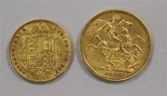 A Victoria gold full sovereign, 1889 and a half sovereign, 1887.